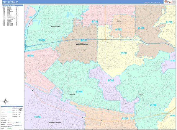West Covina City Wall Map Color Cast Style